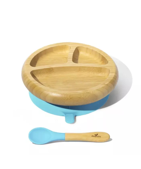 Bambusowy Talerz z Przyssawką i Przegródkami Blue Avanchy