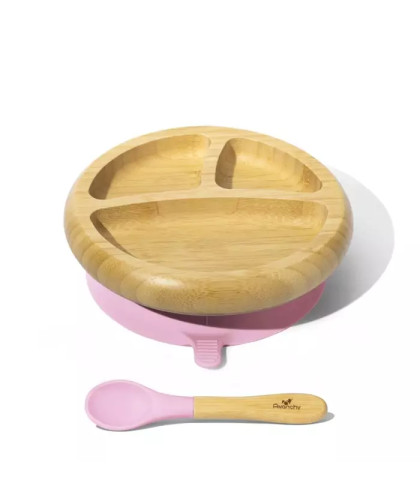 Bambusowy Talerz z Przyssawką i Przegródkami Pink Avanchy